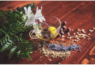 Cup of tea with herbs on a wooden surface